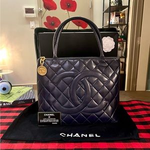 100% Authentic CHANEL Medallion Tote in Navy Lambskin with Gold Hardware